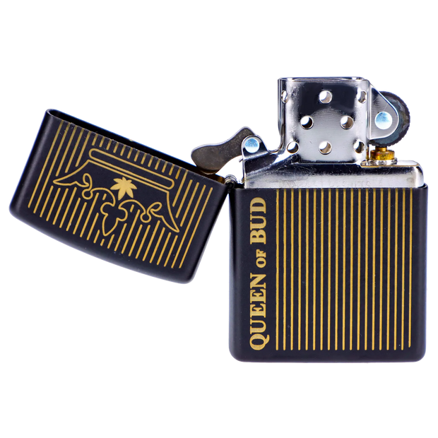 Queen of Bud Black Obsidian Vertical Flame Zippo