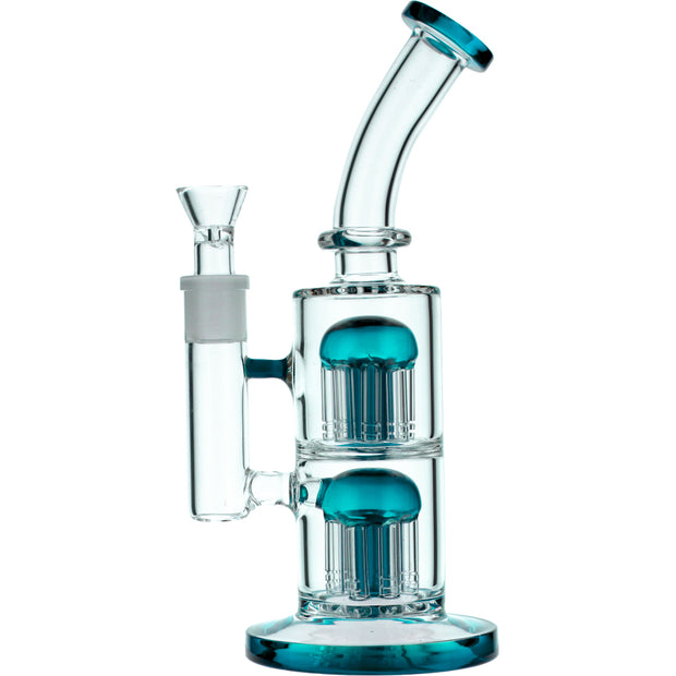 Bent Neck Water Pipe w/Double Tree Perc-Teal-11 in